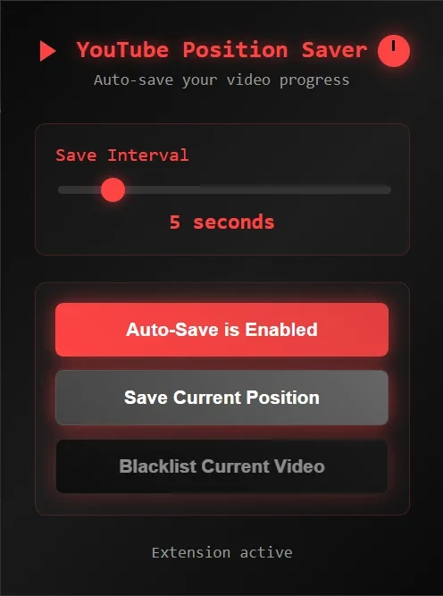 YouTube Position Saver extension popup
