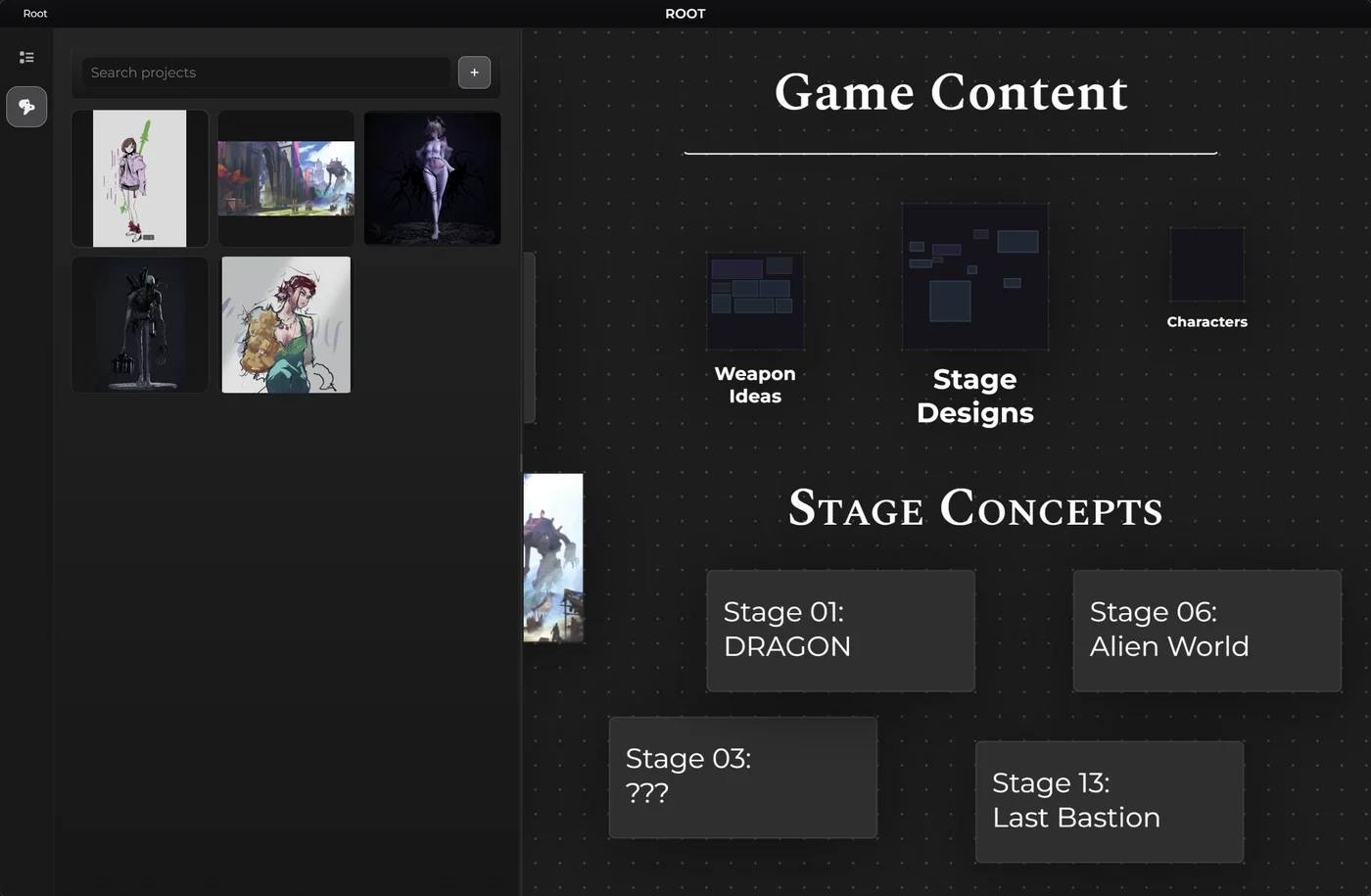 Board Studio project library and board view with grouped game content blocks.